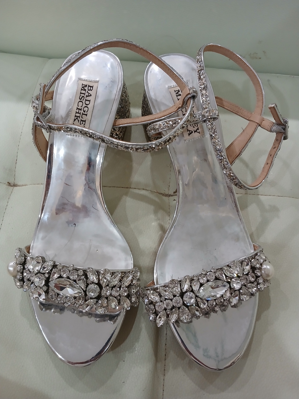 Badgley Mischka Silver Crystal & Pearl Evening Sandals